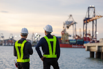 Two shipping engineers in safety vests and hard hats review data on a laptop while standing at a busy port, with cargo containers, cranes, and a large vessel in the background during daylight.