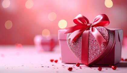 Fototapeta premium A beautifully wrapped heart-shaped gift box adorned with a pink ribbon, set against a soft, dreamy pink background with bokeh lights