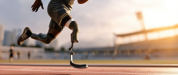 Paralympic athlete running with a blade prosthetic.