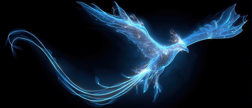 Ethereal blue phoenix in flight.