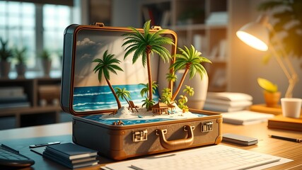 3D Pop-up Southern Island Beach in Open Suitcase