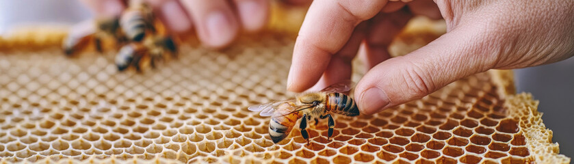 Obraz premium Hands gently touch honeycomb frame with bees, showcasing beekeeping closeup