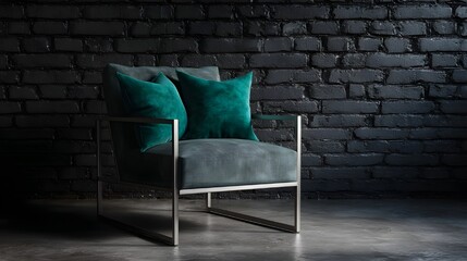 Elevate interiors with sleek metal chair adorned with plush emerald velvet cushions providing elegance support