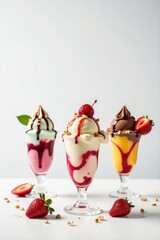 Three delectable ice cream sundaes, each a unique flavor combination, adorned with fresh strawberries, nuts, and a rich sauce, create a visually stunning dessert trio.