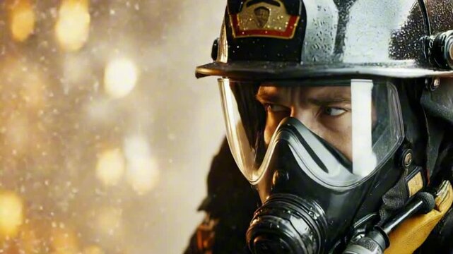 Close-up of a brave firefighter in action against a fiery background.

