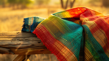 Traditional Djibouti sash with red, green, and blue embroidery on wood, celebrating independence and cultural pride.