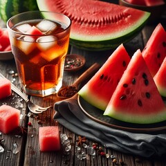 Juicy watermelon slices and iced tea on rustic wooden table.
