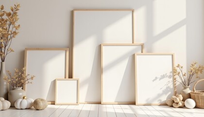 A white wall with a variety of framed pictures and plants