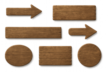 Wooden signs with arrows pointing left, right, up, and down, each labeled with the corresponding direction, isolated on transparent background.