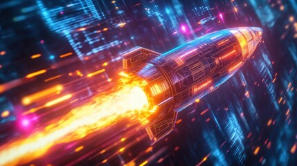 Futuristic rocket soaring through a digital landscape at night