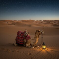 Serene Nightscape: Camel Resting Under Starlit Desert Sky
