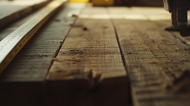 Close-Up of Weathered Wooden Planks and Measuring Tools