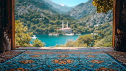 Outdoor view of a mountain lake through an open doorway, with a patterned carpet.