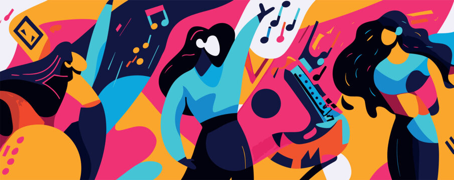 Colorful abstract art of diverse women enjoying music with musical notes and instruments.