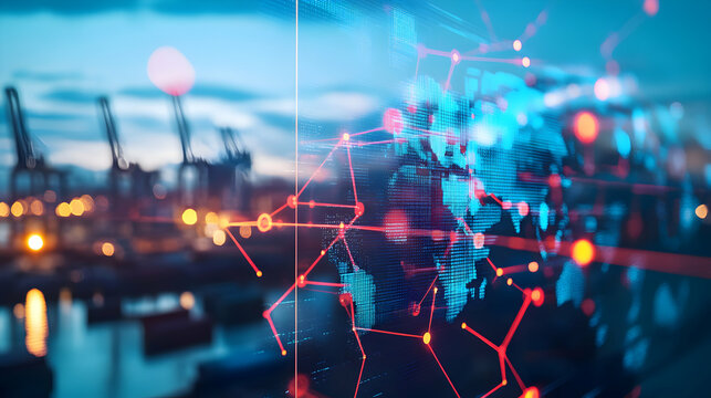 Abstract digital network overlaying a harbor with cranes and buildings in the background.