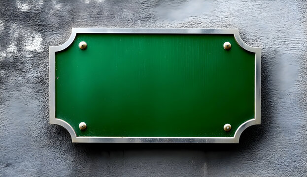 A blank green sign board mounted on a textured gray wall, ideal for personalizing with text or images for various projects.