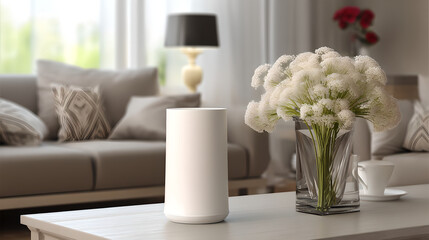 White modern air purifier on a coffee table, providing clean air in a living room.
