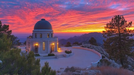 Obraz premium Mountaintop observatory at sunset. Dramatic colors of sunrise