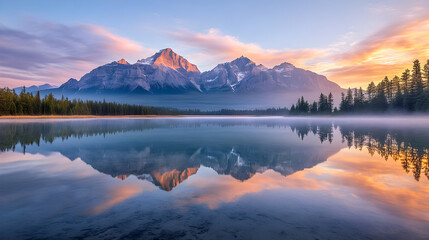 Fototapeta premium Symmetrical Serenity: The Mirrored Majesty of Dawn's Embrace