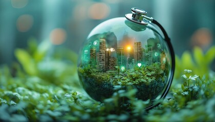 Sustainable City in a Globe with Stethoscope for Eco Health Concept