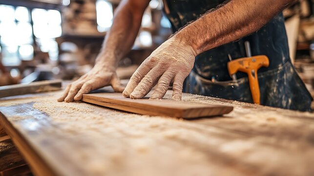 Carpenter Sanding a Piece of Wood in Workshop
