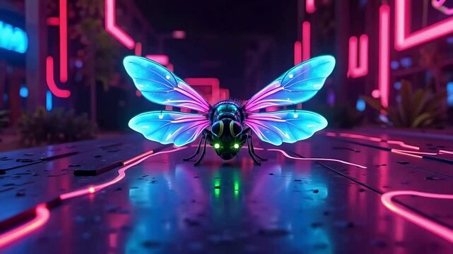 Neon insect digital art fly with glowing wings futuristic cyberpunk design wallpaper background image