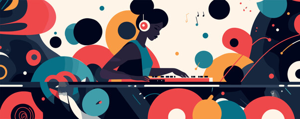 Obraz premium Abstract art of woman djing with colorful geometric shapes and patterns.