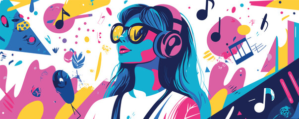 Vibrant pop art of woman with headphones and sunglasses in musical abstract background.