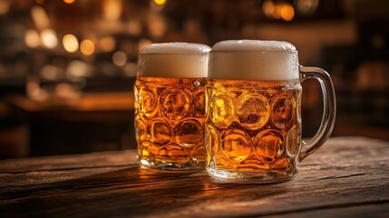 Two frosty beer mugs on a rustic wooden table