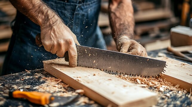 Carpenter Using a Hand Saw to Cut Wood