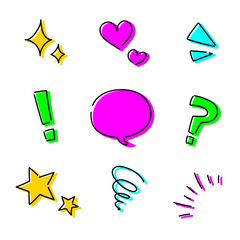 カラフル手書き風アイコンセット｜ハート・吹き出し・記号などポップで楽しい素材集