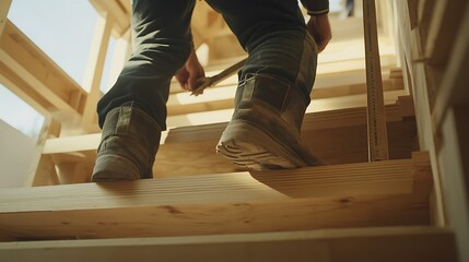 Construction Worker Ascending Wooden Stairs