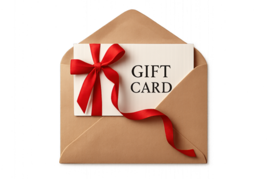 Brown envelope with red ribbon and gift card isolated on transparent background.