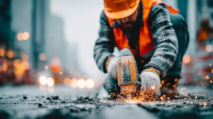 Worker in Safety Gear Using a Power Tool on the Ground