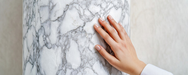 Hand gently touches smooth marble surface, showcasing intricate patterns and textures of stone