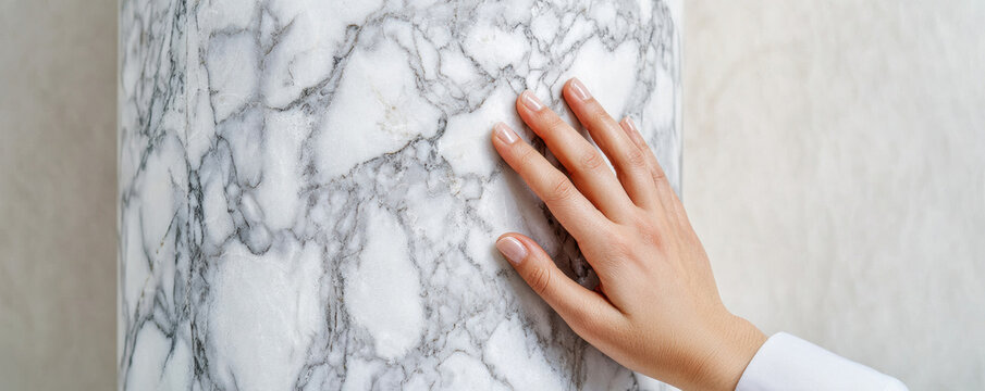 Hand gently touches smooth marble surface, showcasing intricate patterns and textures of stone