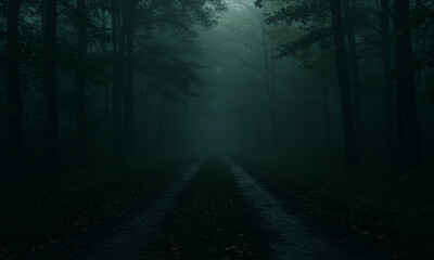 Fototapeta premium Walking on Path Through Foggy Woods Mystery in Nature