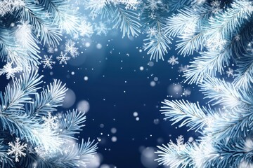 Winter's frosted branches frame a night sky, speckled with falling snowflakes.  Frosted pine branches, a dark blue backdrop, and glittering snowflakes create a winter wonderland