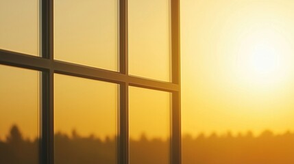 Fototapeta premium A window with sunlight streaming in, overlooking a landscape during a golden sunrise or sunset.