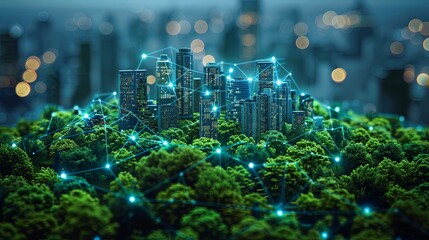 Digital cityscape integrates with nature showcasing modern connectivity among urban buildings and greenery