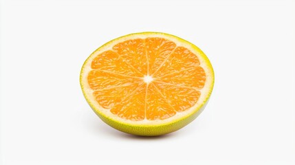 A halved citrus fruit with a green outer rind and bright orange interior on a white background.