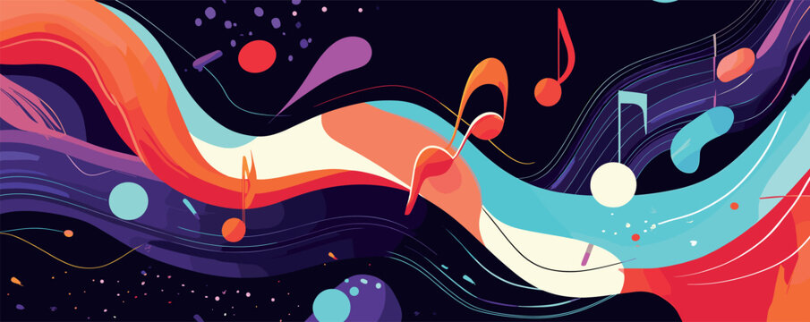 Colorful abstract music-themed artwork with dynamic flowing waves and musical notes.