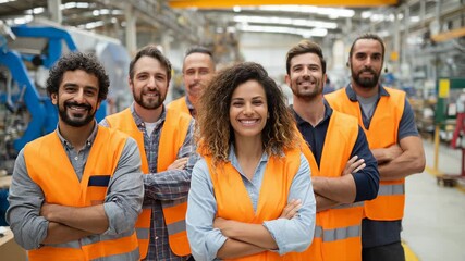 Diverse industrial workers team posing in manufacturing facility