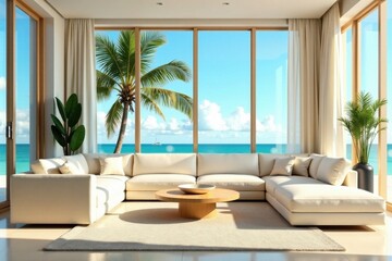 Serene Coastal Living Room with Expansive Ocean View and Comfortable Sectional Sofa