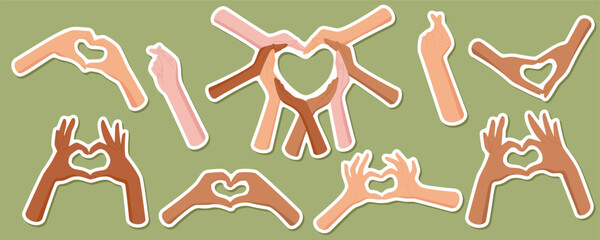 Diverse hand heart sticker set in flat style. Heart gestures symbolize k-pop culture, love, and human friendship. Symbolic design with solidarity and community messages, multicultural creative, ideal