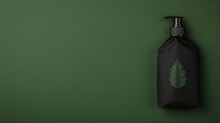 Obraz premium Minimalist black pump bottle with a green leaf design on a green background, suggesting eco-friendly or natural skincare or cosmetic product.
