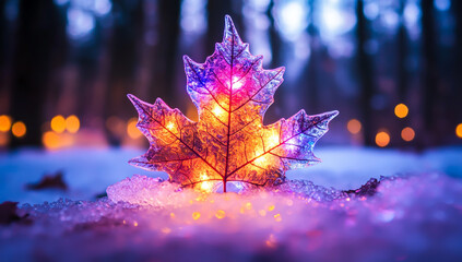 A maple leaf made of ice, shimmering with multicolored lights and reflections in the forest at night