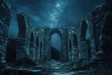 Naklejka premium Dark, abandoned ruin under a starry sky.