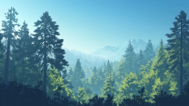 Dreamy forest landscape with coniferous trees and distant misty mountains on a blue sky