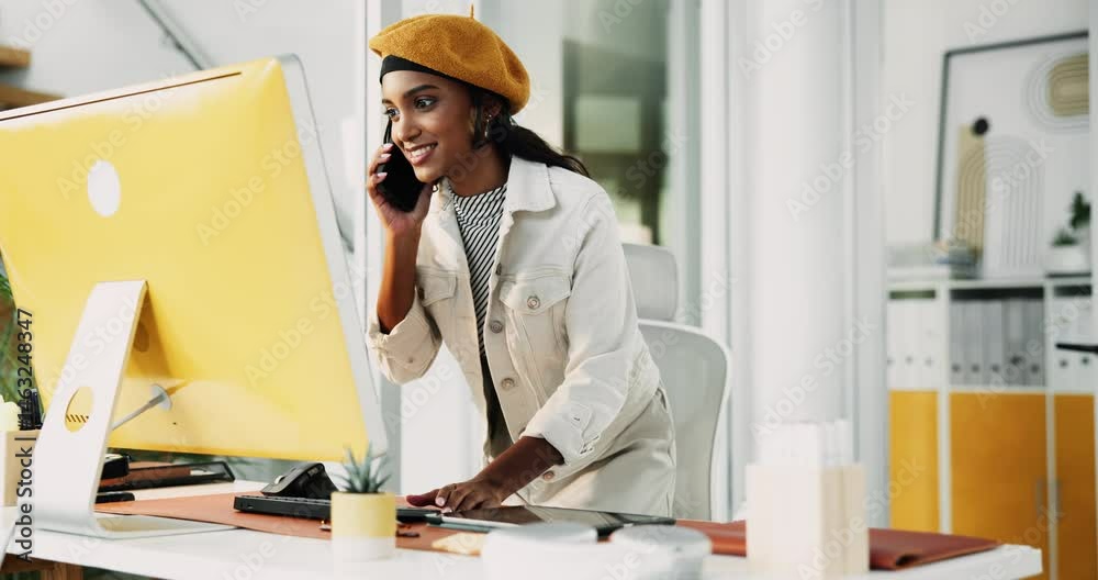 Poster smile, woman and typing on computer with phone call for discussion, questions and schedule story. fe